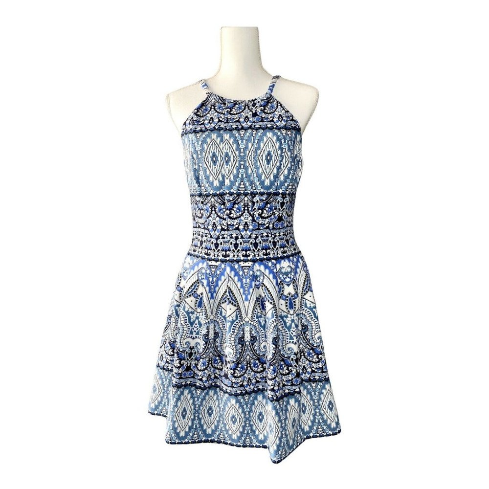 Vince Camuto Women’s Dress A-Line Flare Stretch Knit Blue Pattern Sleeveless Sz8